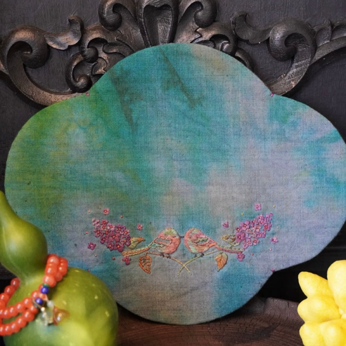 Hand-Embroidered Teapot Mat – One-of-a-Kind Vintage Cotton Coaster with Animal Motifs (Squirrel, Dog, Bird)