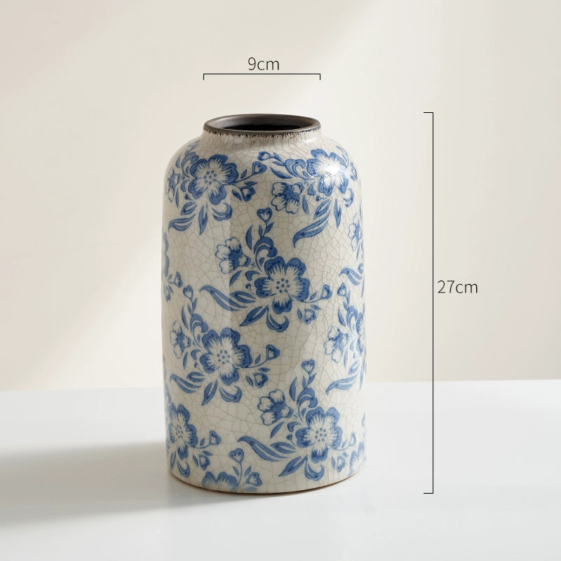 Blue & White Crackle-Glaze Ceramic Vase Vintage Floral Arrangement Vessel  Oriental Home Decor Accent
