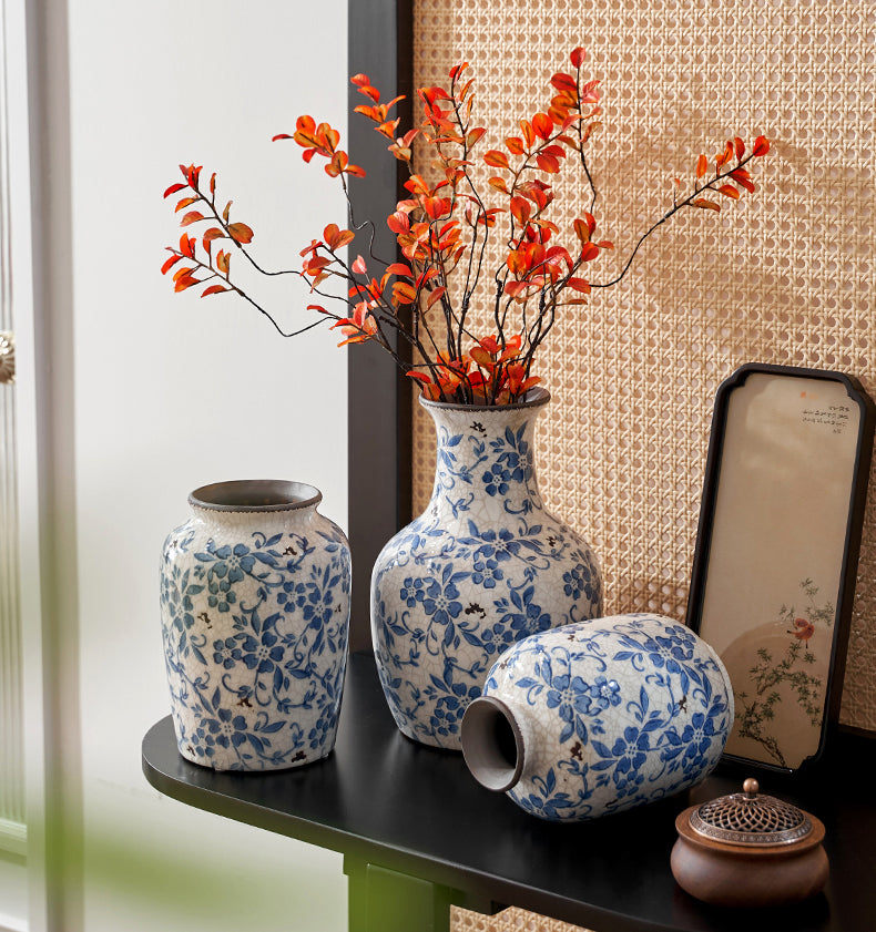 Blue & White Crackle-Glaze Ceramic Vase – Vintage Oriental Floral Decor