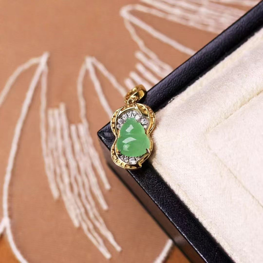 Icy Green Jadeite Gourd & Peanut Pendant in 18K Gold with Diamonds – Blessing & Prosperity Charm