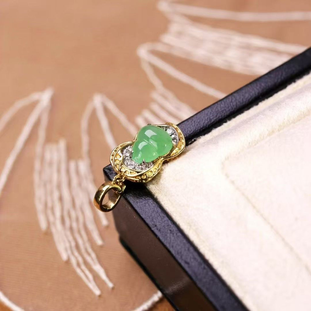 Icy Green Jadeite Gourd & Peanut Pendant in 18K Gold with Diamonds – Blessing & Prosperity Charm