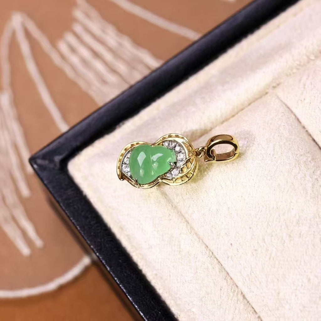Icy Green Jadeite Gourd & Peanut Pendant in 18K Gold with Diamonds – Blessing & Prosperity Charm