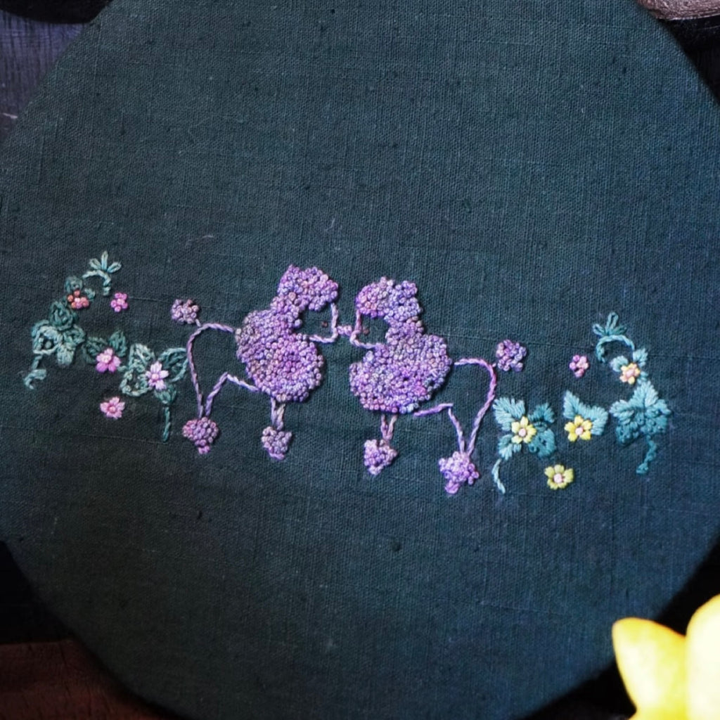 Hand-Embroidered Teapot Mat – One-of-a-Kind Vintage Cotton Coaster with Animal Motifs (Squirrel, Dog, Bird)