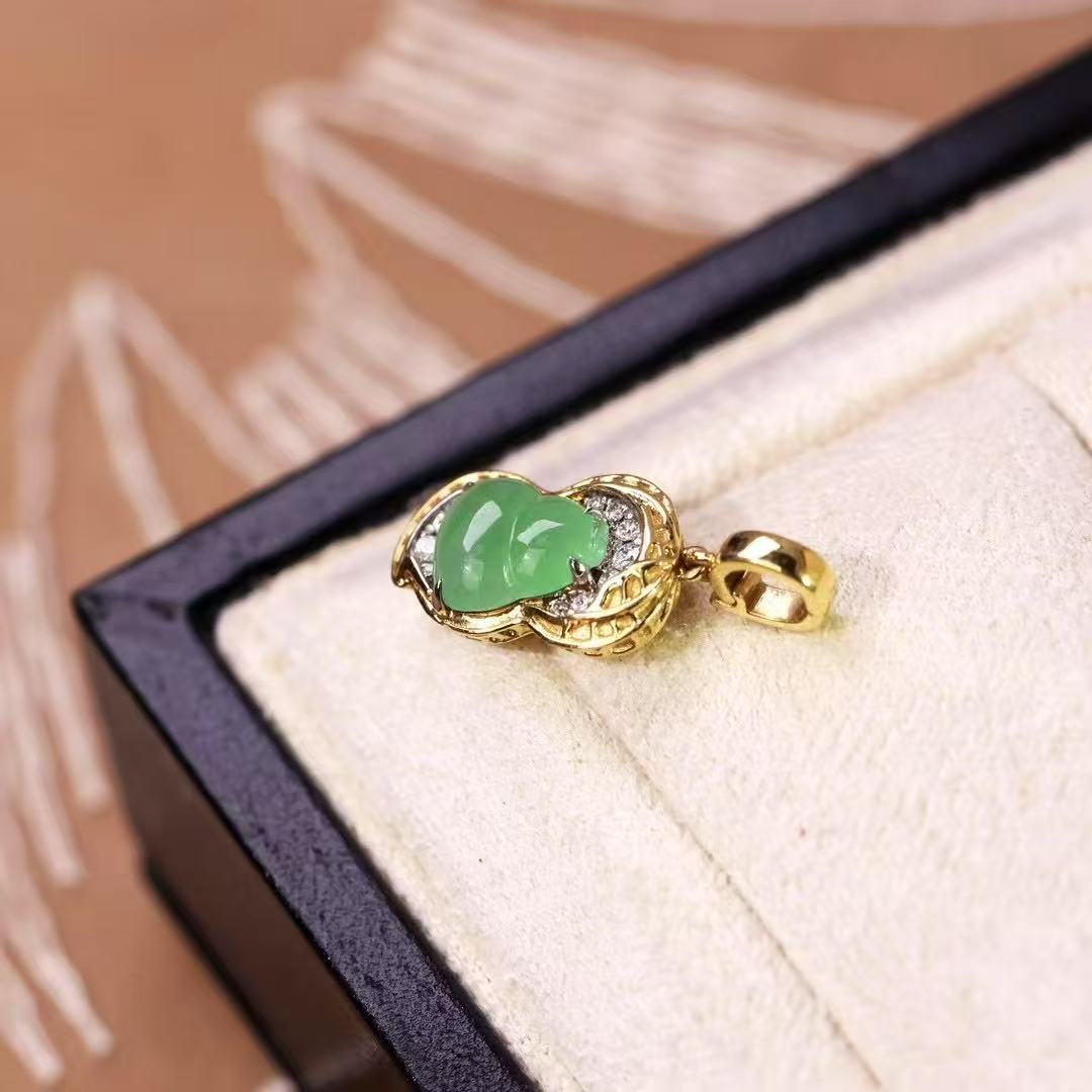 Icy Green Jadeite Gourd & Peanut Pendant 18K Gold with Diamonds  Blessing, Longevity & Prosperity
