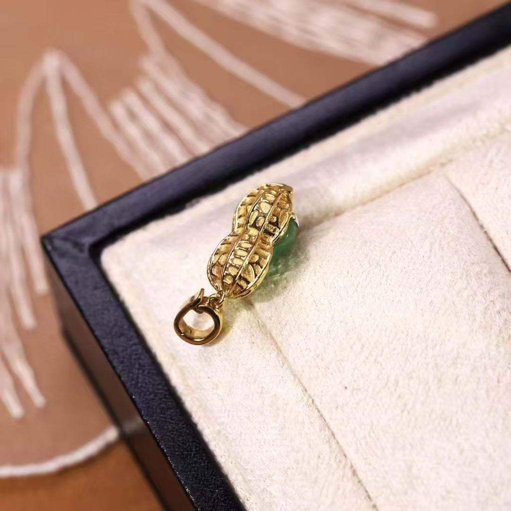 Icy Green Jadeite Gourd & Peanut Pendant in 18K Gold with Diamonds – Blessing & Prosperity Charm