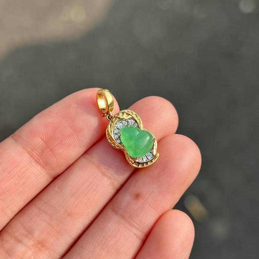 Icy Green Jadeite Gourd & Peanut Pendant in 18K Gold with Diamonds – Blessing & Prosperity Charm
