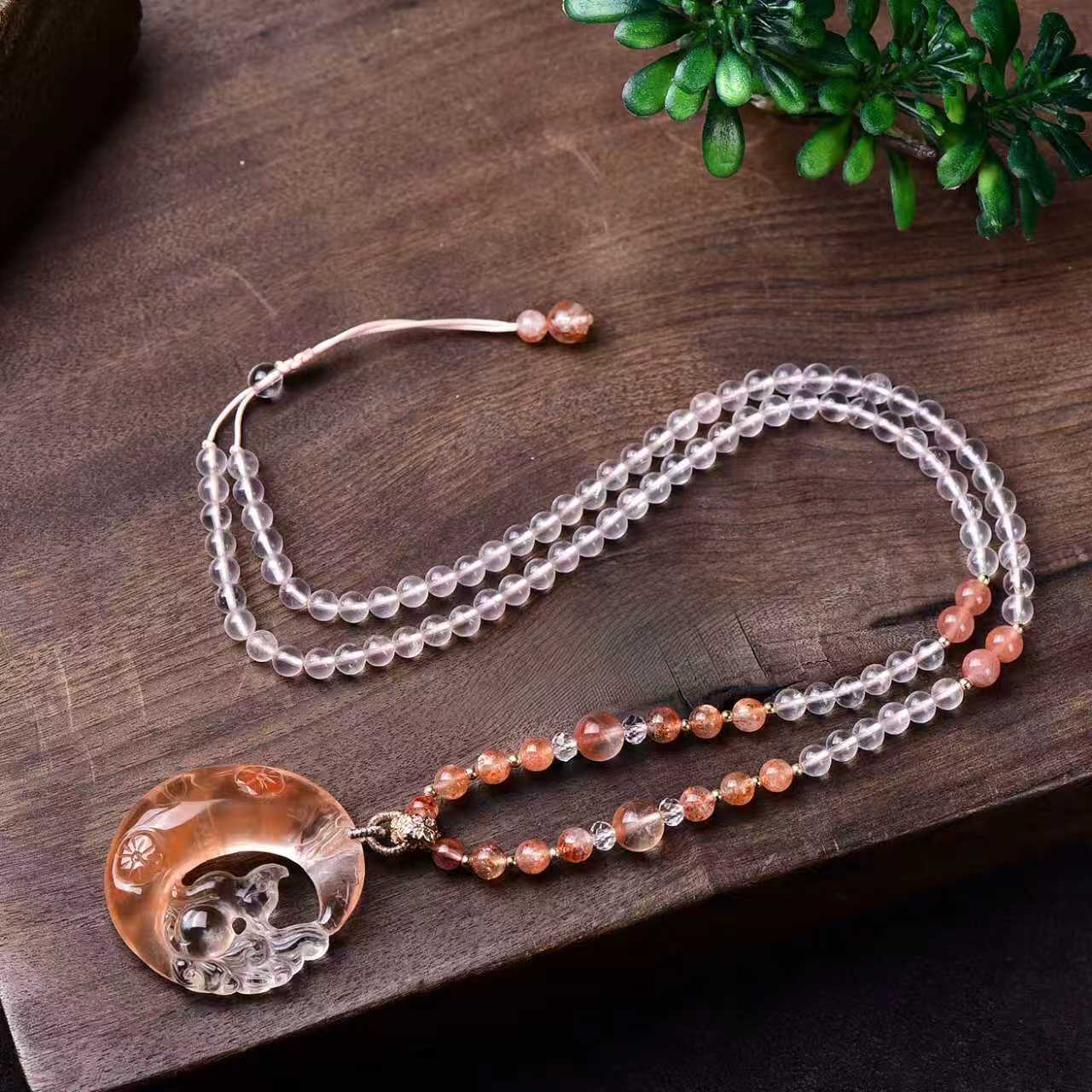 Natural Red Rutilated Quartz Nine-Tailed Fox Moon Pendant – Double-Sided Carving & Celestial Charm