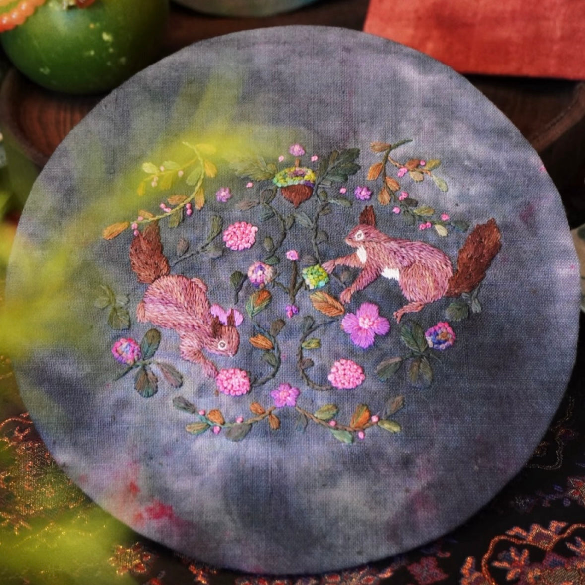 Hand-Embroidered Teapot Mat – One-of-a-Kind Vintage Cotton Coaster with Animal Motifs (Squirrel, Dog, Bird)