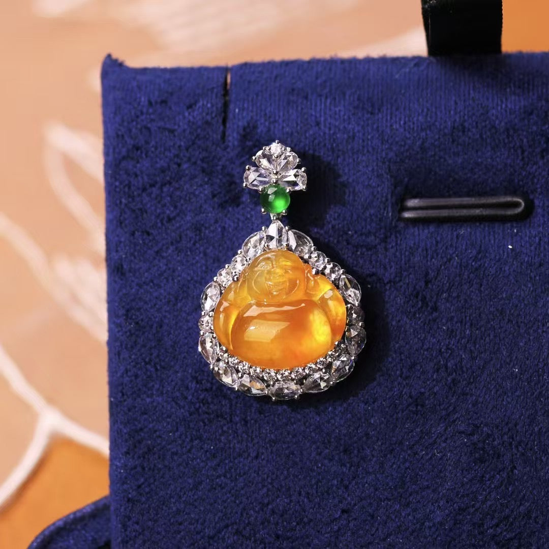 Natural Yellow Jadeite Buddha Pendant – Untreated Glassy Jadeite in 18K Gold with Diamonds