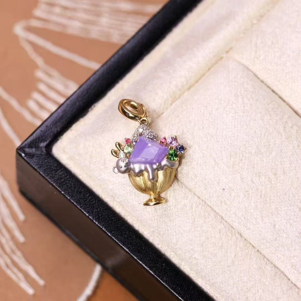Violet Jadeite Ice Cream Pendant in 18K Gold with Diamonds, Tsavorite & Sapphires