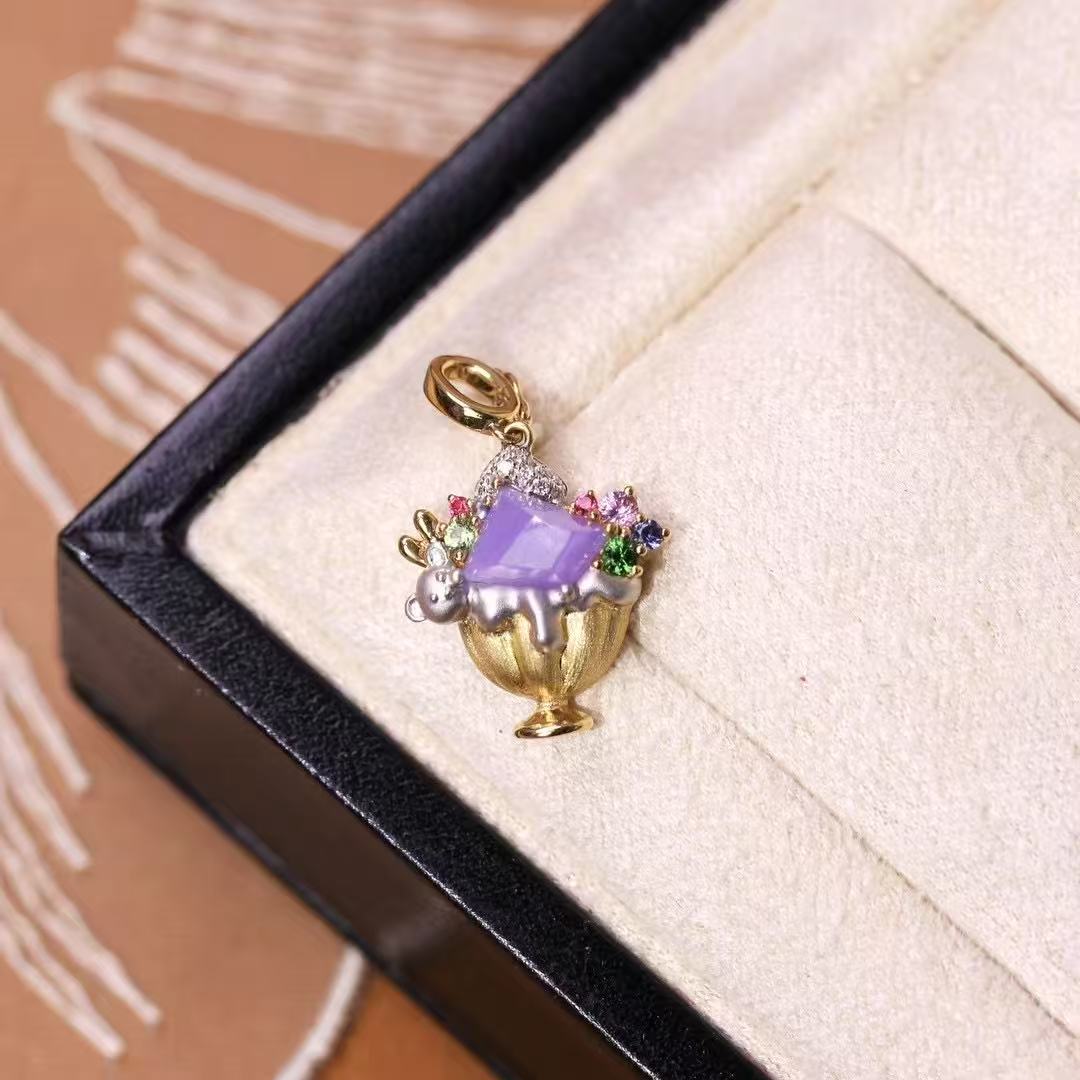 Violet Jadeite Ice Cream Pendant in 18K Gold with Diamonds, Tsavorite & Sapphires