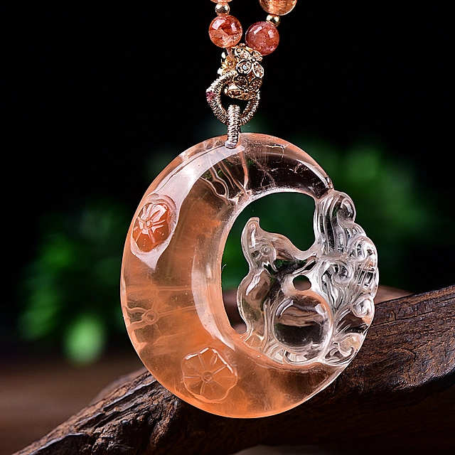 Natural Red Rutilated Quartz Nine-Tailed Fox Moon Pendant – Double-Sided Carving & Celestial Charm