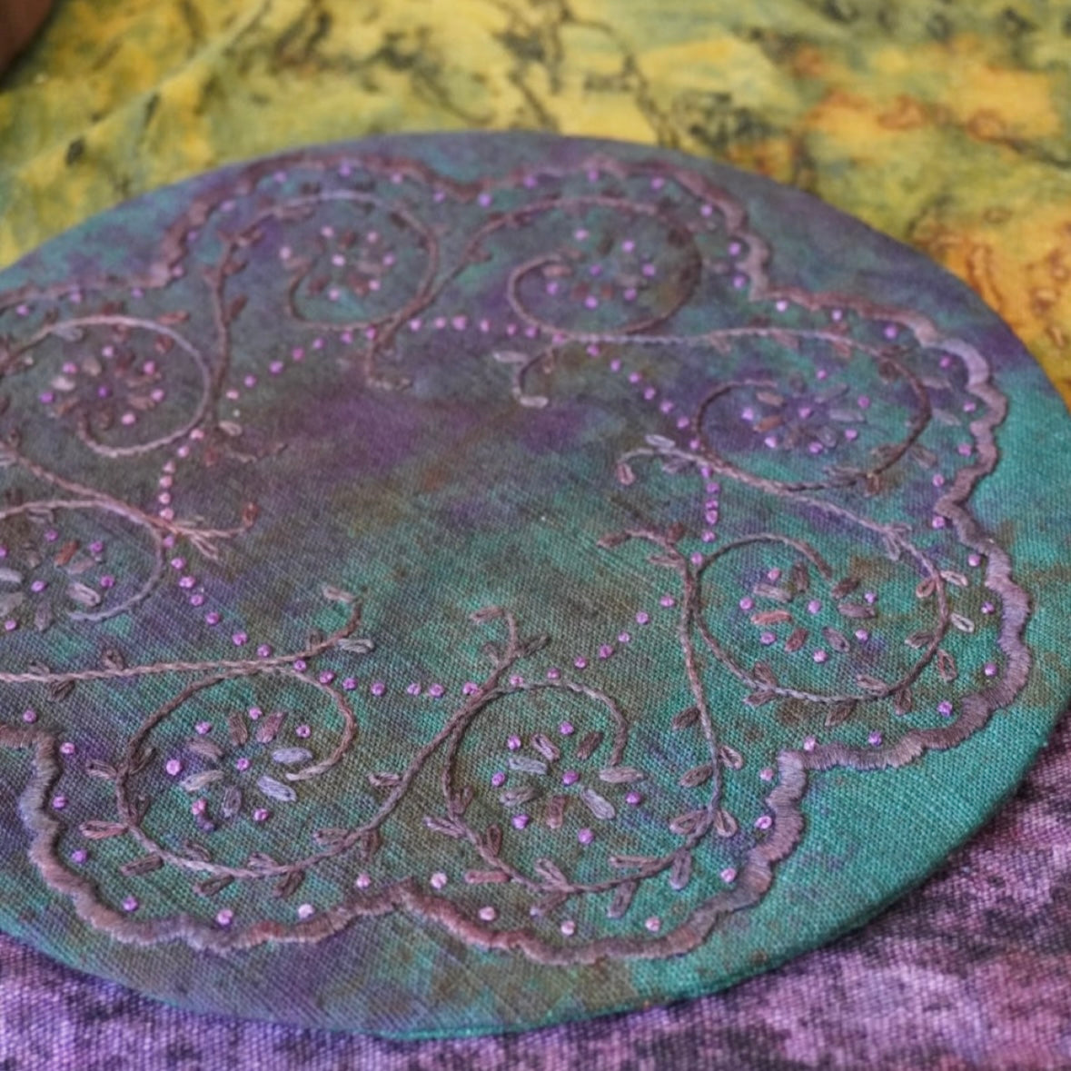 Hand-Embroidered Tea Mat – One-of-a-Kind Vintage Cotton Totem Coaster by Artisan