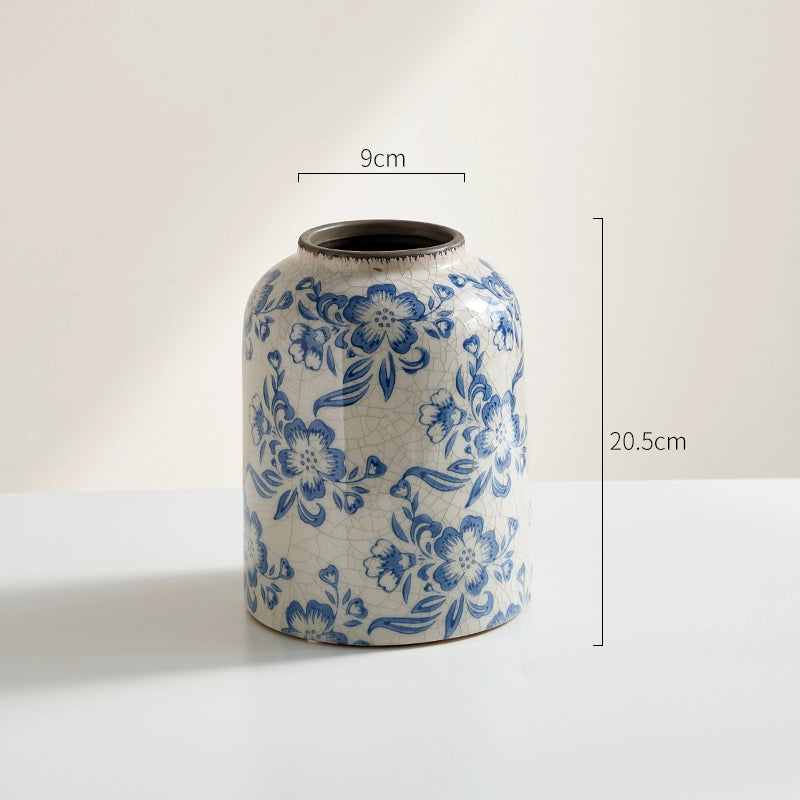 Blue & White Crackle-Glaze Ceramic Vase Vintage Floral Arrangement Vessel  Oriental Home Decor Accent
