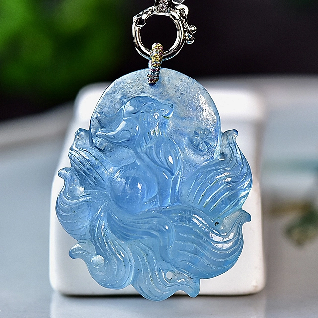 Natural Aquamarine Nine-Tailed Fox Pendant – Hand-Carved Crystal Fox Amulet for Protection & Serenity