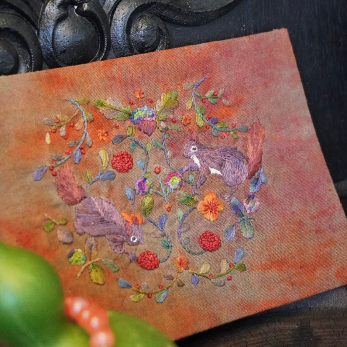 Hand-Embroidered Teapot Mat – One-of-a-Kind Vintage Cotton Coaster with Animal Motifs (Squirrel, Dog, Bird)