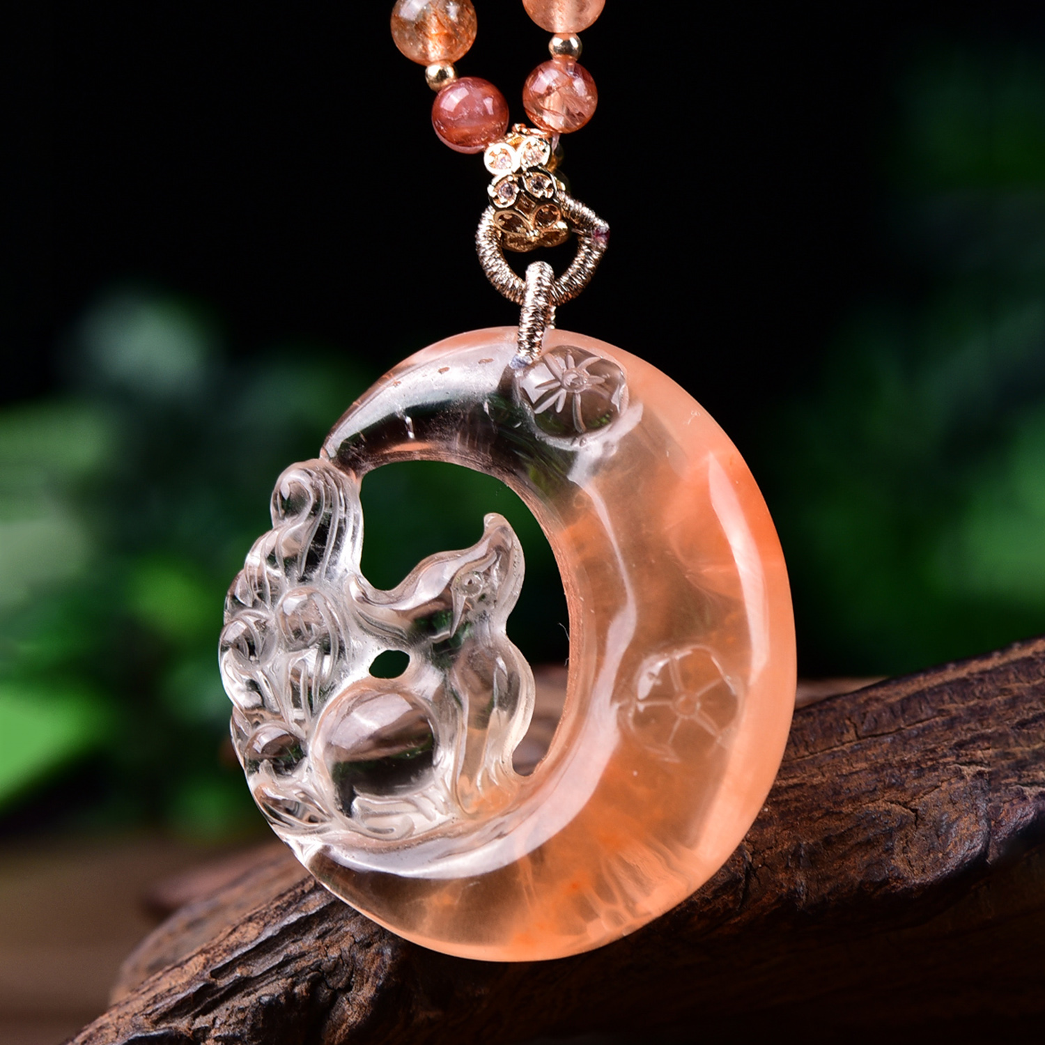 Natural Red Rutilated Quartz Nine-Tailed Fox Moon Pendant – Double-Sided Carving & Celestial Charm