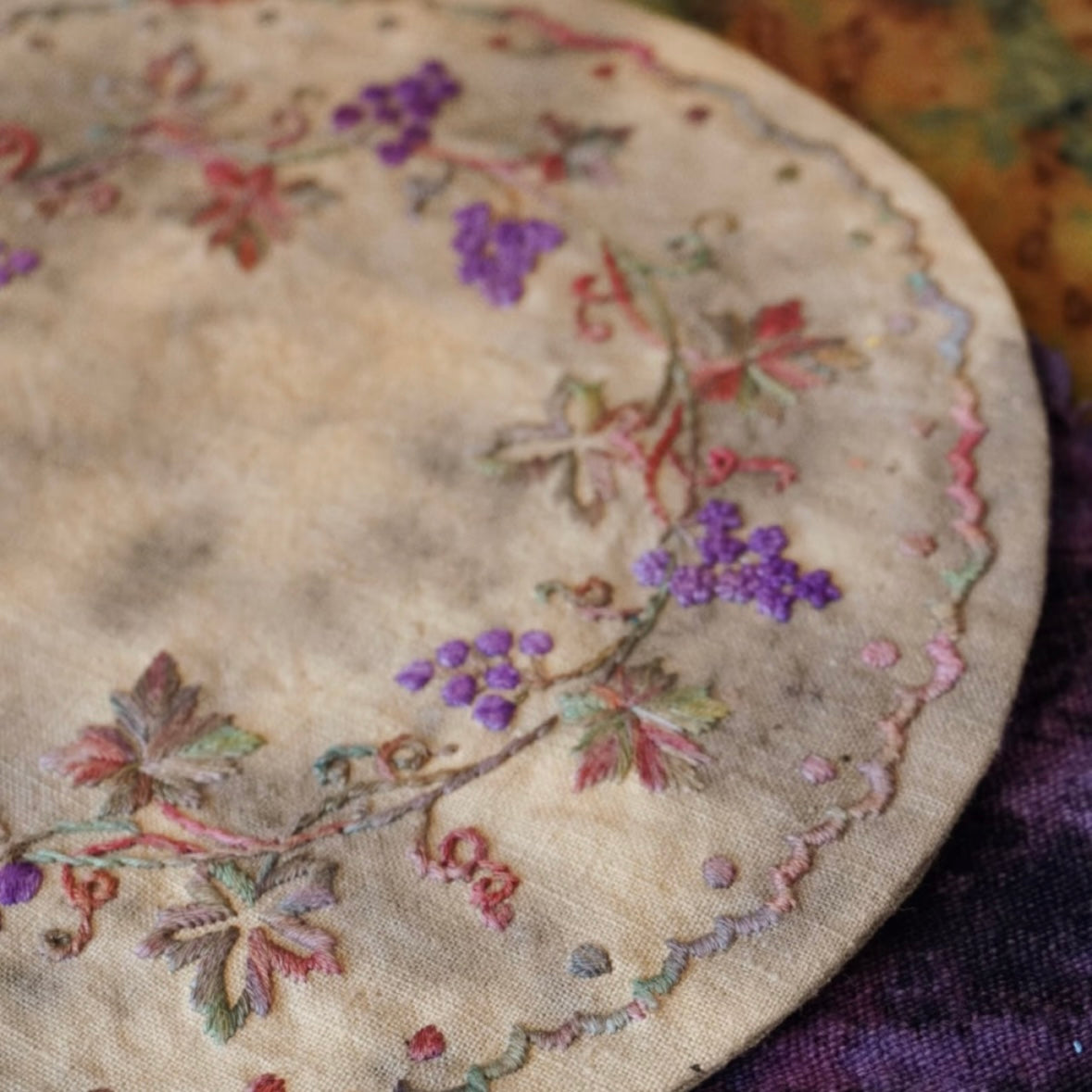Hand-Embroidered Tea Mat – One-of-a-Kind Vintage Cotton Totem Coaster by Artisan