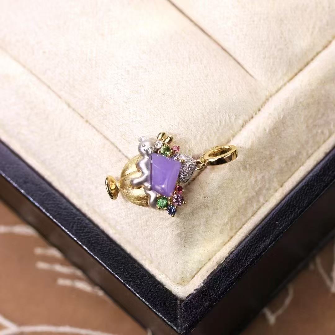 Violet Jadeite Ice Cream Pendant in 18K Gold with Diamonds, Tsavorite & Sapphires