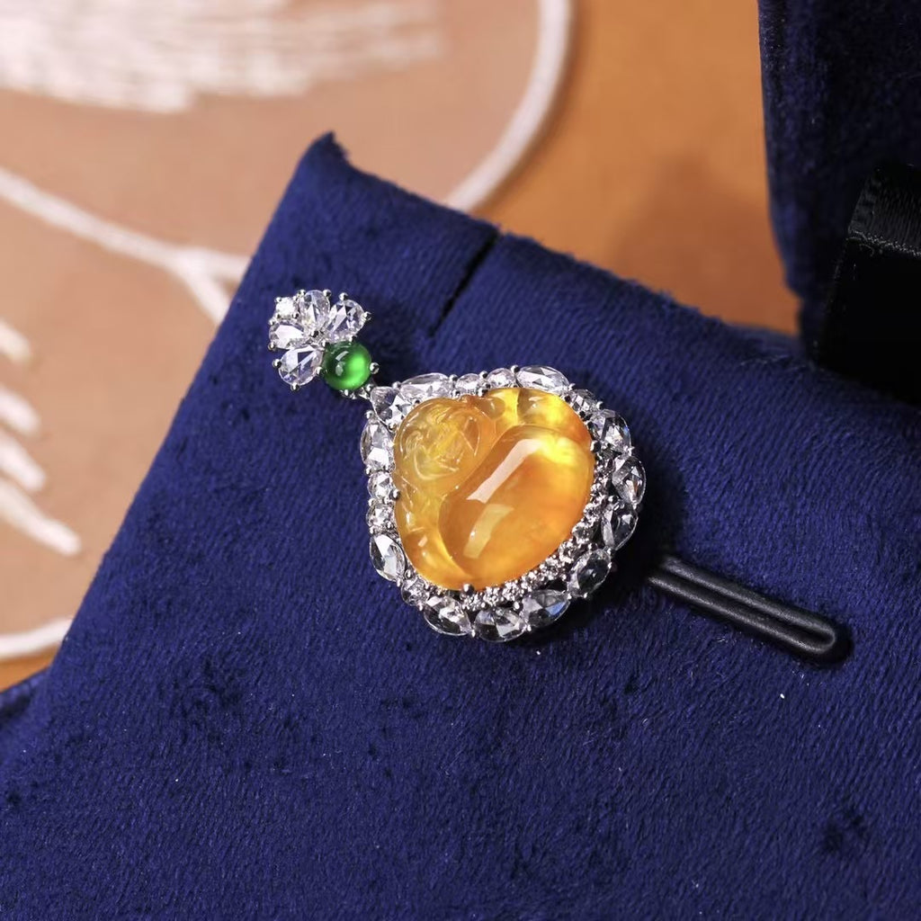Natural Yellow Jadeite Buddha Pendant – Untreated Glassy Jadeite in 18K Gold with Diamonds