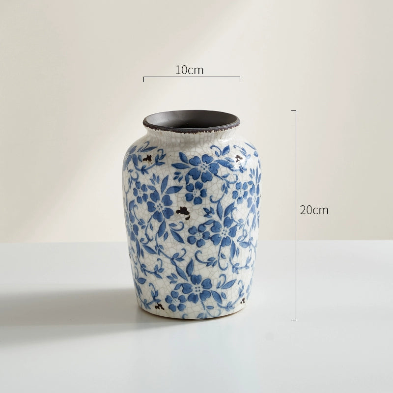 Blue & White Crackle-Glaze Ceramic Vase Vintage Floral Arrangement Vessel  Oriental Home Decor Accent