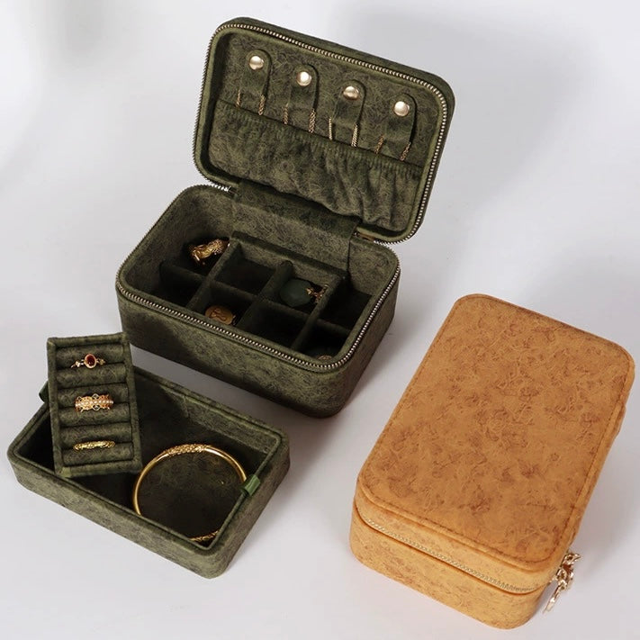 Velvet Jewelry Organizer Box Double-Layer Travel Jewelry Case with Adjustable Compartments