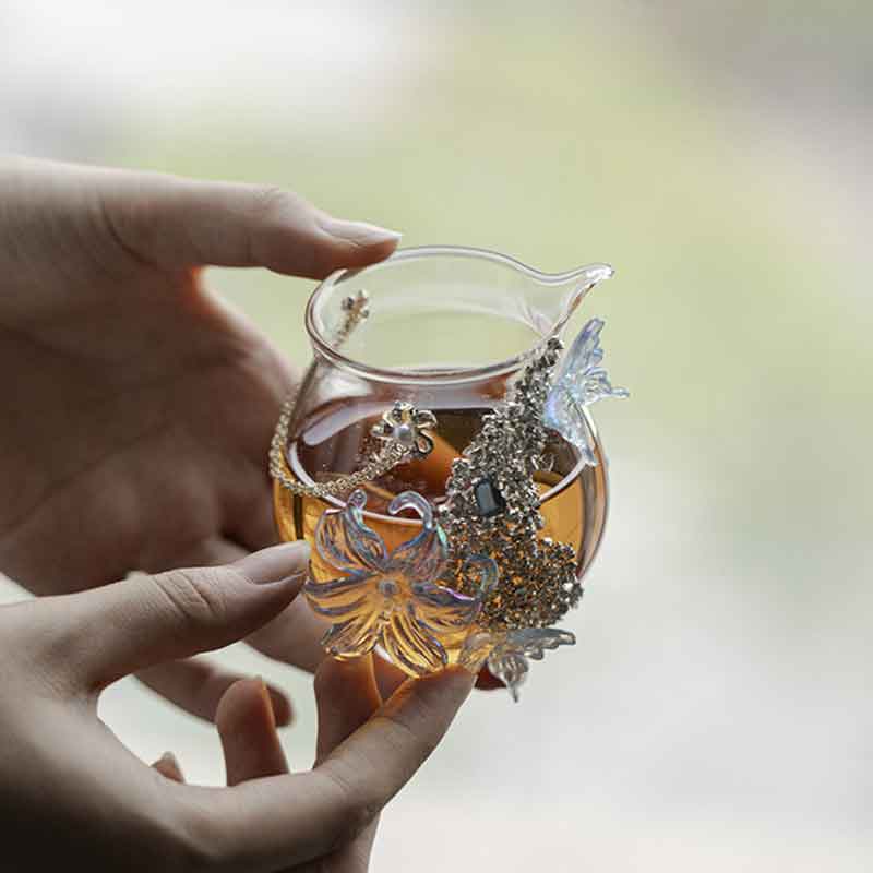 Handmade Flower & Butterfly Glass Fair Cup  Heat-Resistant Borosilicate Tea Pitcher  Crystal Floral Art Tea Sharing Cup