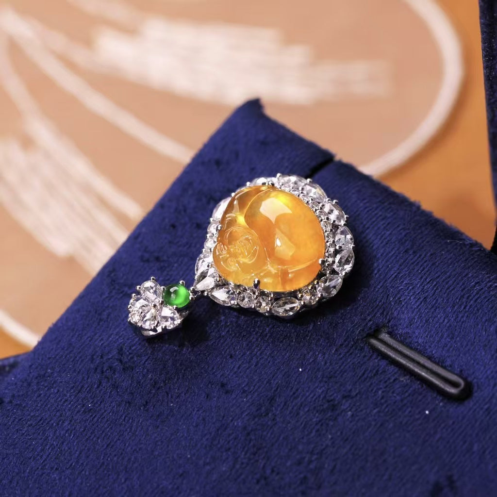 Natural Yellow Jadeite Buddha Pendant – Untreated Glassy Jadeite in 18K Gold with Diamonds
