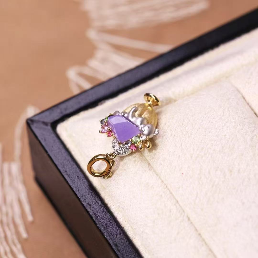 Violet Jadeite Ice Cream Pendant in 18K Gold with Diamonds, Tsavorite & Sapphires
