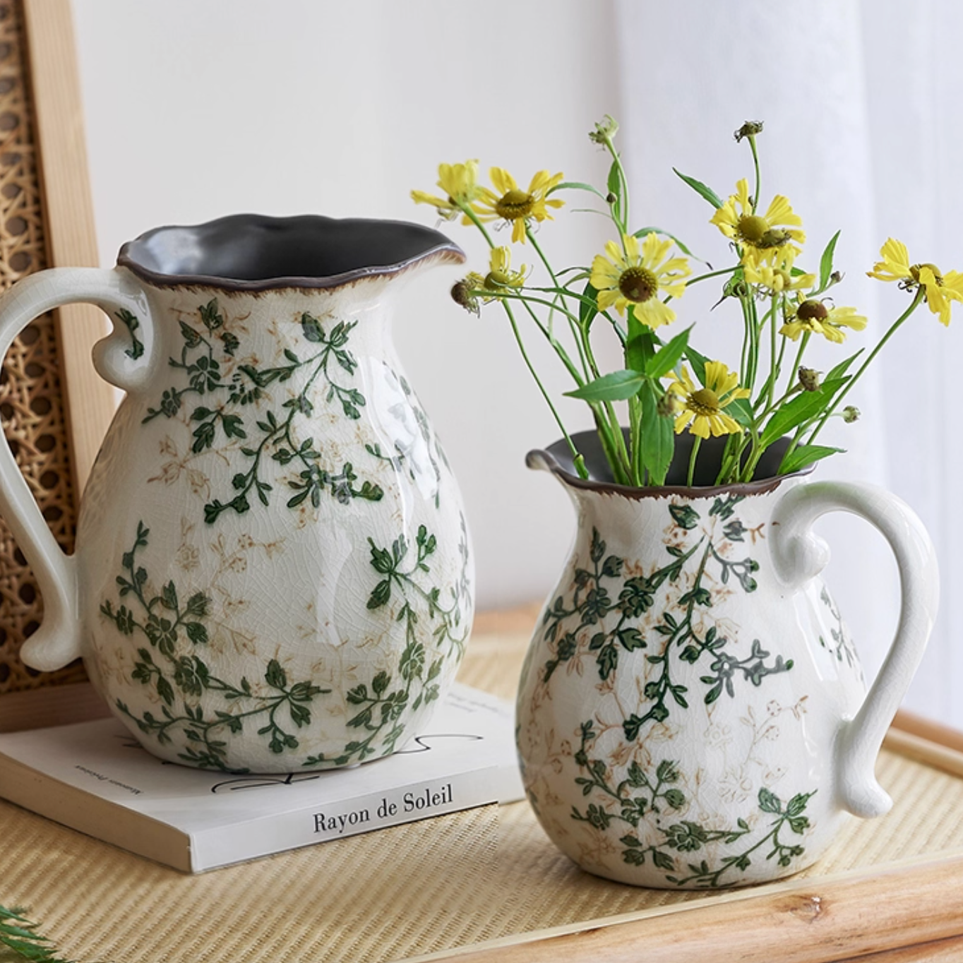 Vintage Crackle-Glaze Ceramic Pitcher Vase – Rustic Farmhouse Botanical Decor