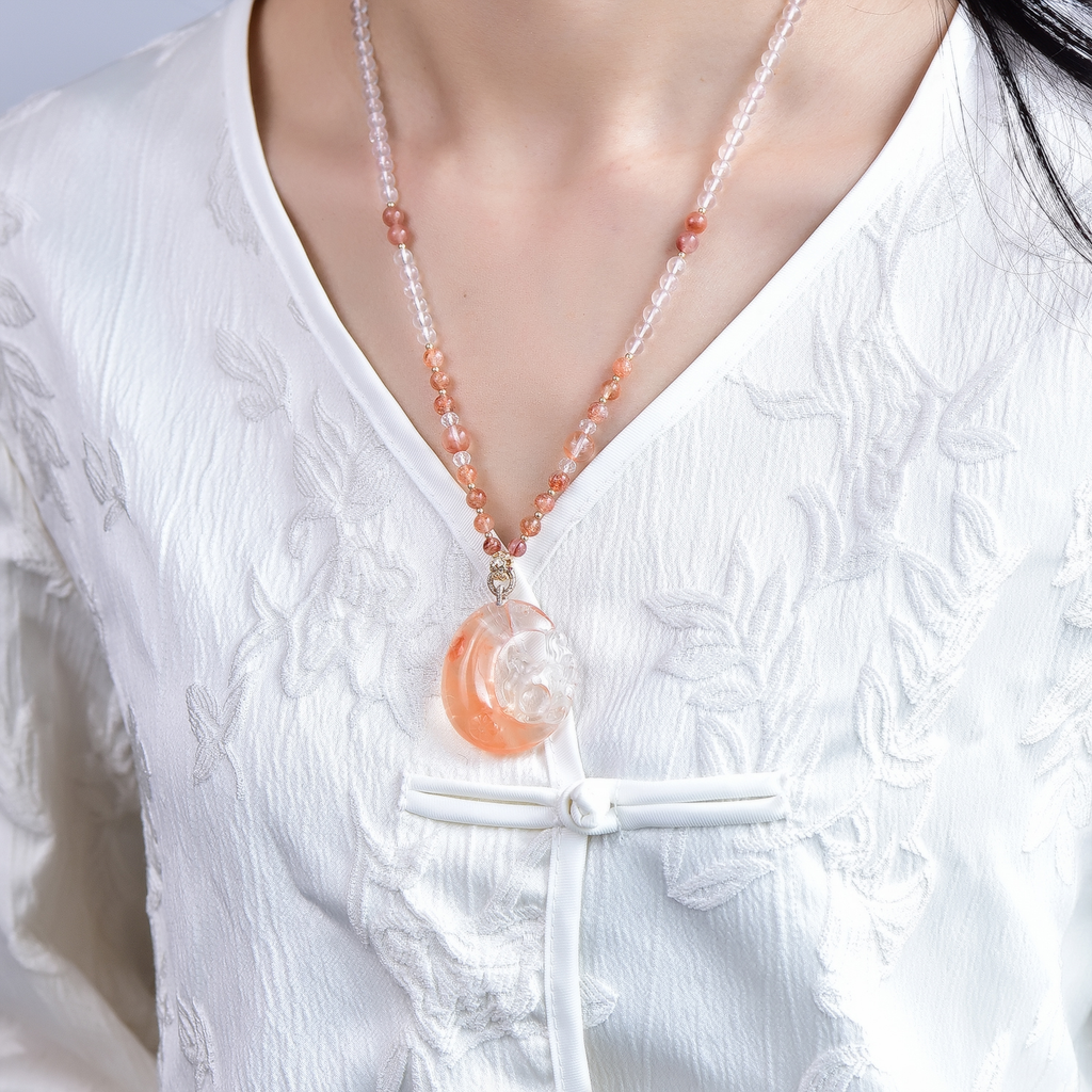 Natural Red Rutilated Quartz Nine-Tailed Fox Moon Pendant – Double-Sided Carving & Celestial Charm