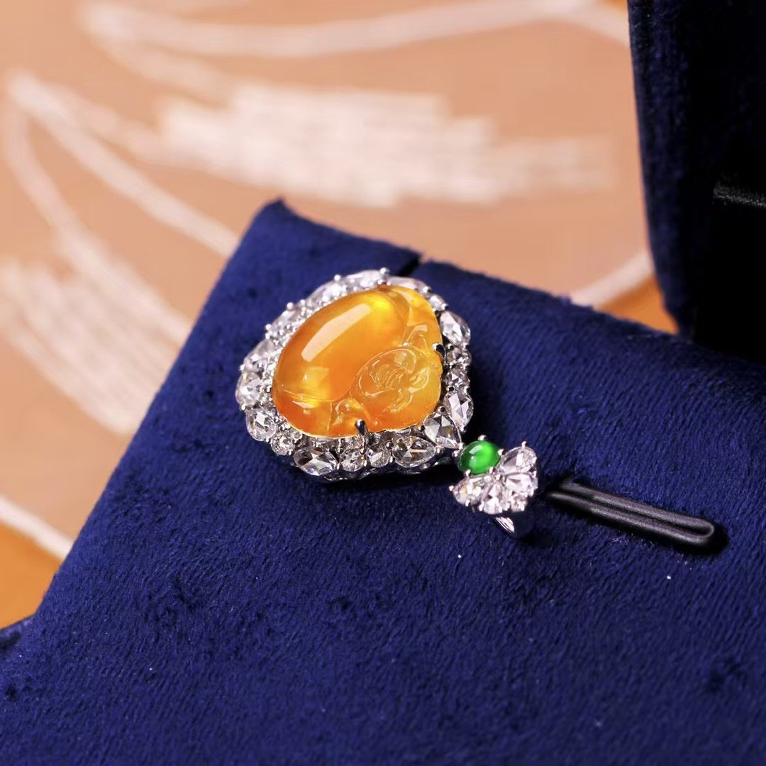 Natural Yellow Jadeite Buddha Pendant – Untreated Glassy Jadeite in 18K Gold with Diamonds