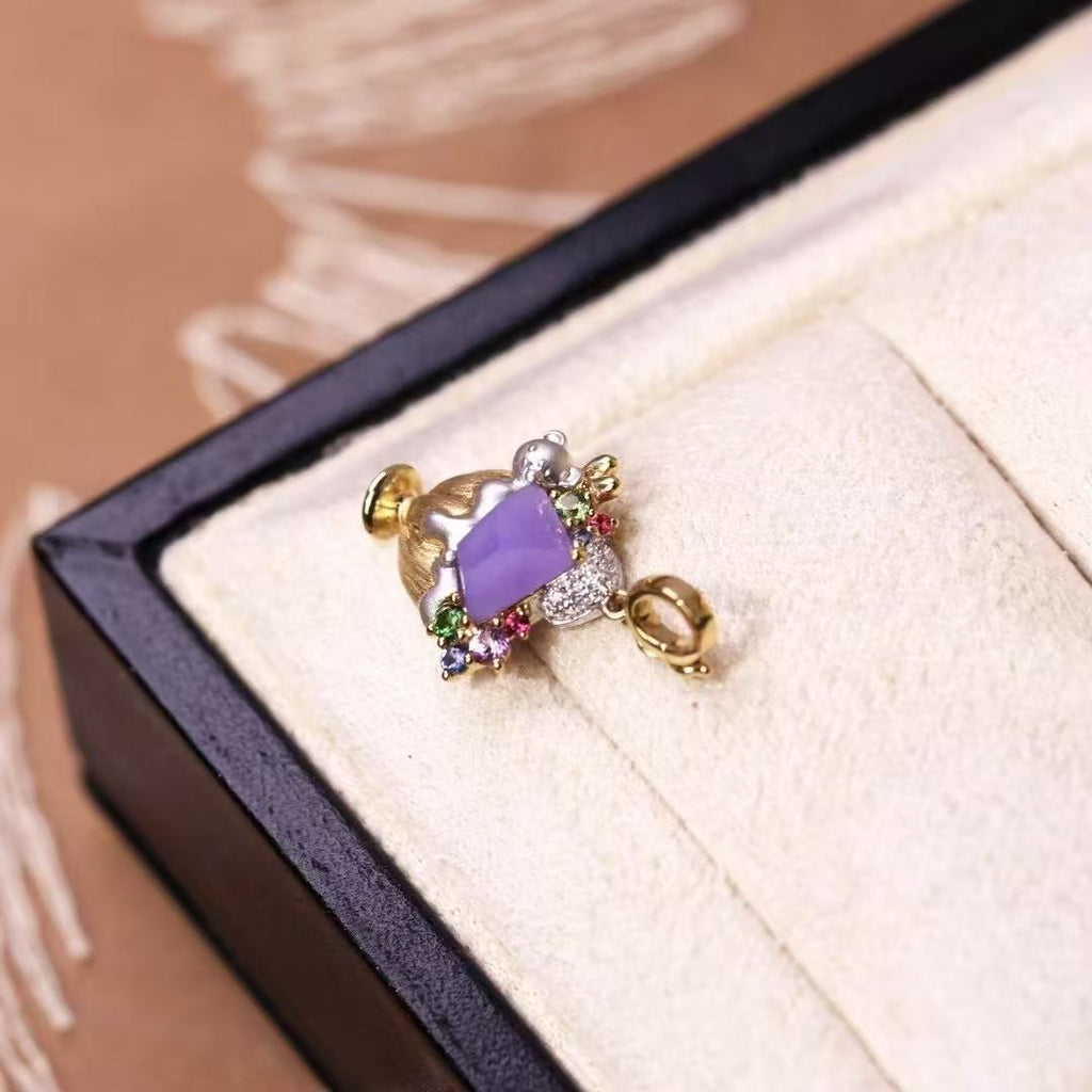 Violet Jadeite Ice Cream Pendant in 18K Gold with Diamonds, Tsavorite & Sapphires