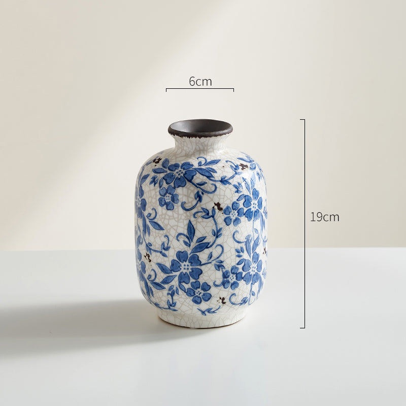 Blue & White Crackle-Glaze Ceramic Vase – Vintage Oriental Floral Decor