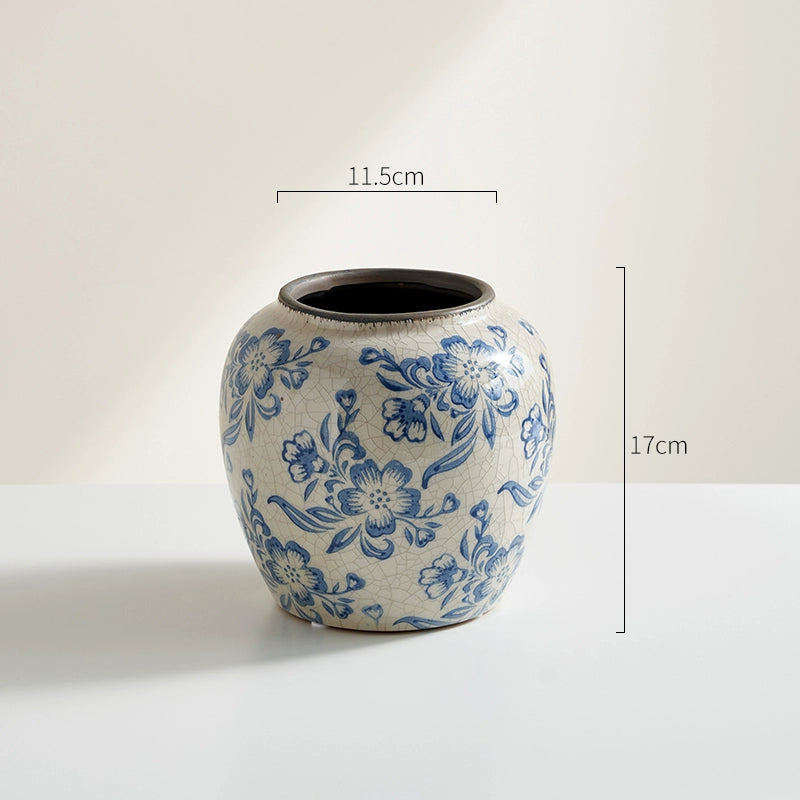 Blue & White Crackle-Glaze Ceramic Vase Vintage Floral Arrangement Vessel  Oriental Home Decor Accent