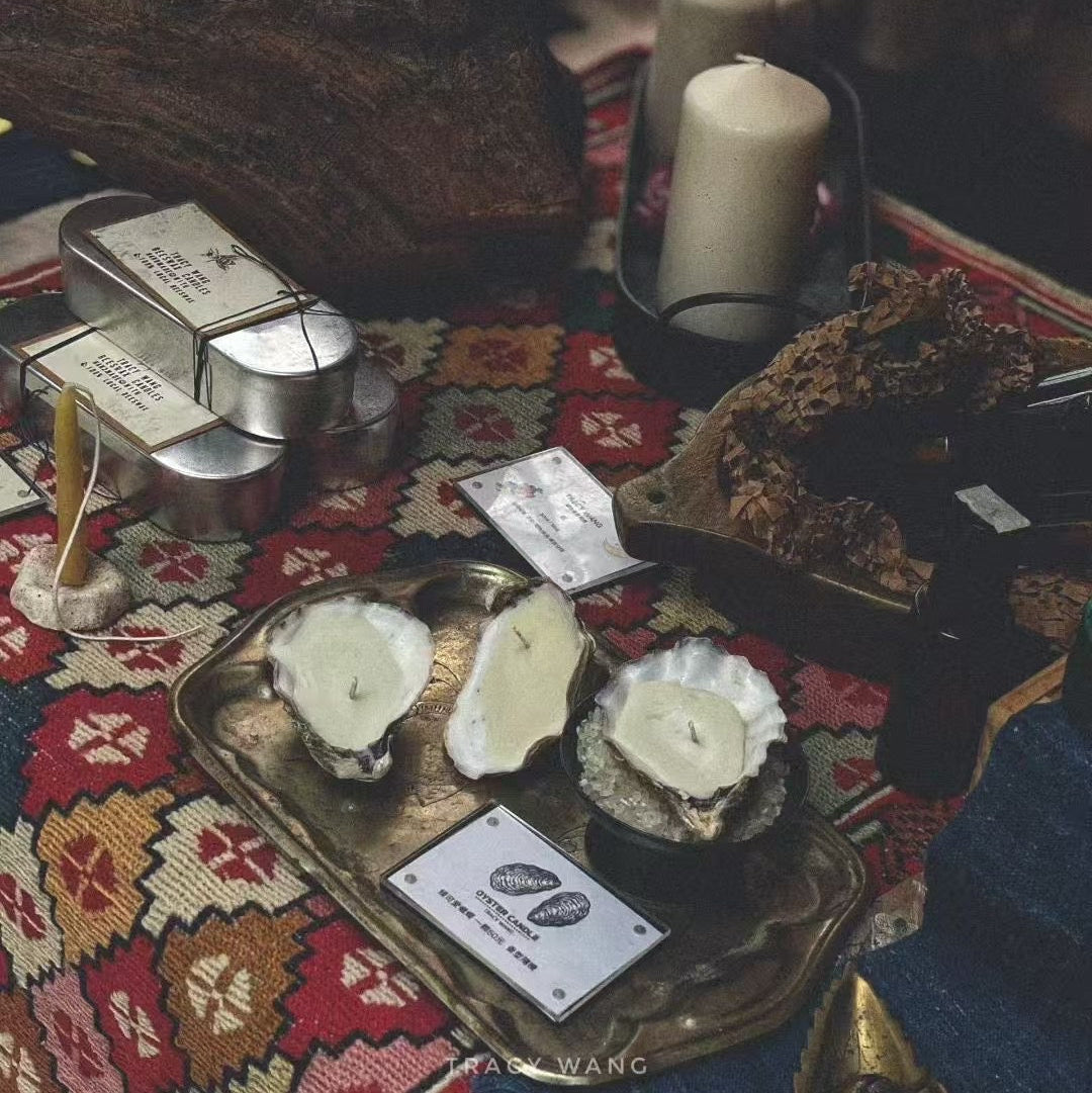 TRACY WANG Artisan Oyster Shell Candle – Natural Soy & Coconut Wax Hand-Poured Gift Candle with Matches & Cloth Bag