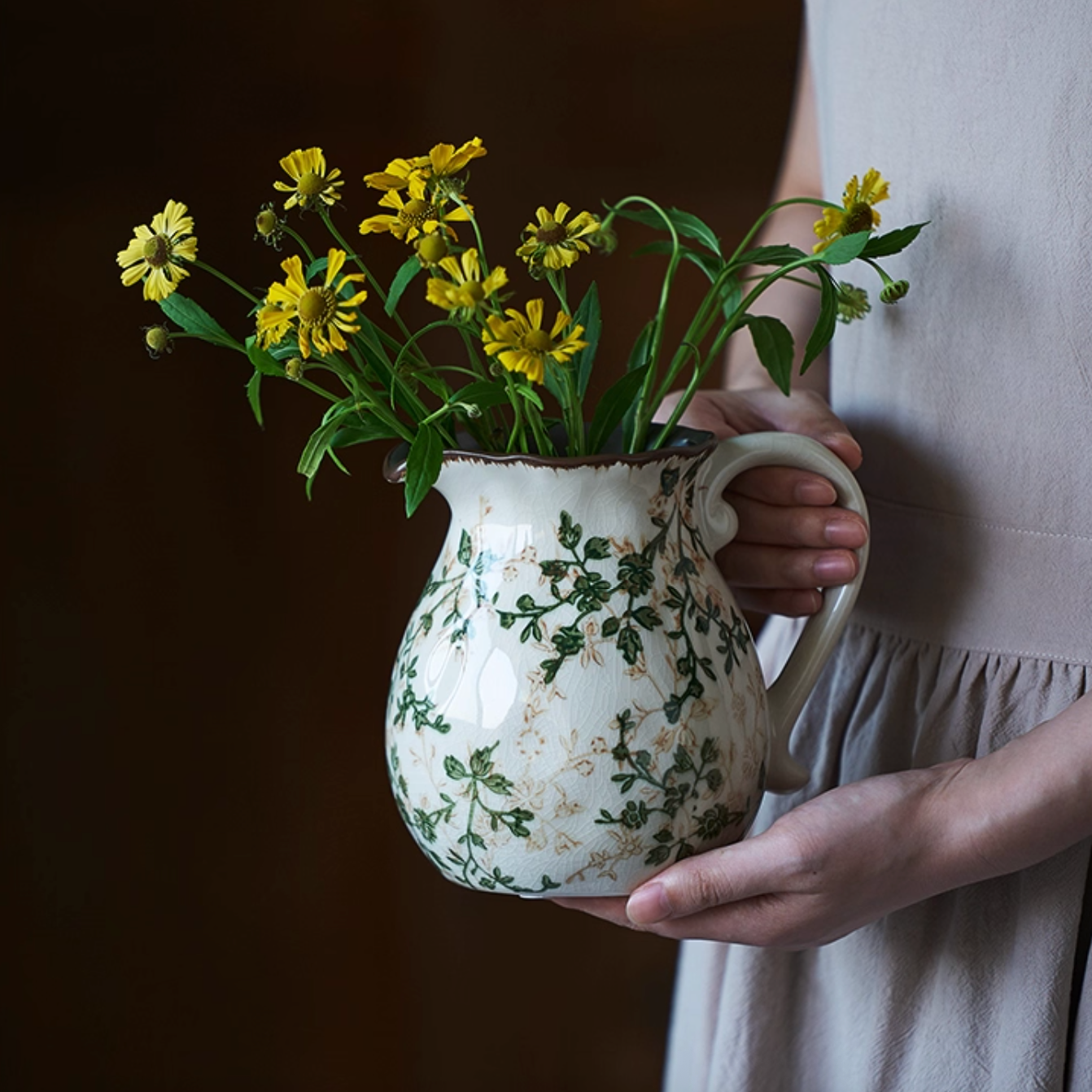 Vintage Crackle-Glaze Ceramic Pitcher Vase – Rustic Farmhouse Botanical Decor