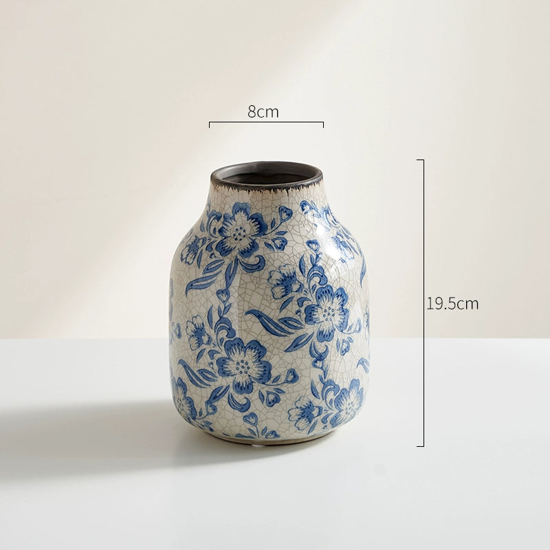 Blue & White Crackle-Glaze Ceramic Vase Vintage Floral Arrangement Vessel  Oriental Home Decor Accent