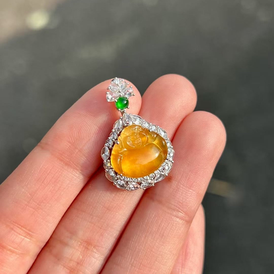 Natural Yellow Jadeite Buddha Pendant – Untreated Glassy Jadeite in 18K Gold with Diamonds