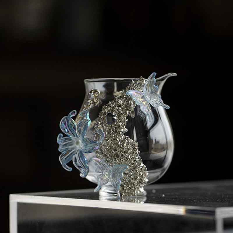 Handmade Flower & Butterfly Glass Fair Cup  Heat-Resistant Borosilicate Tea Pitcher  Crystal Floral Art Tea Sharing Cup