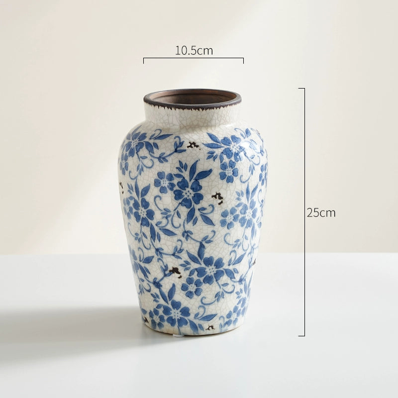 Blue & White Crackle-Glaze Ceramic Vase Vintage Floral Arrangement Vessel  Oriental Home Decor Accent