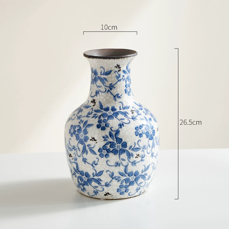 Blue & White Crackle-Glaze Ceramic Vase Vintage Floral Arrangement Vessel  Oriental Home Decor Accent