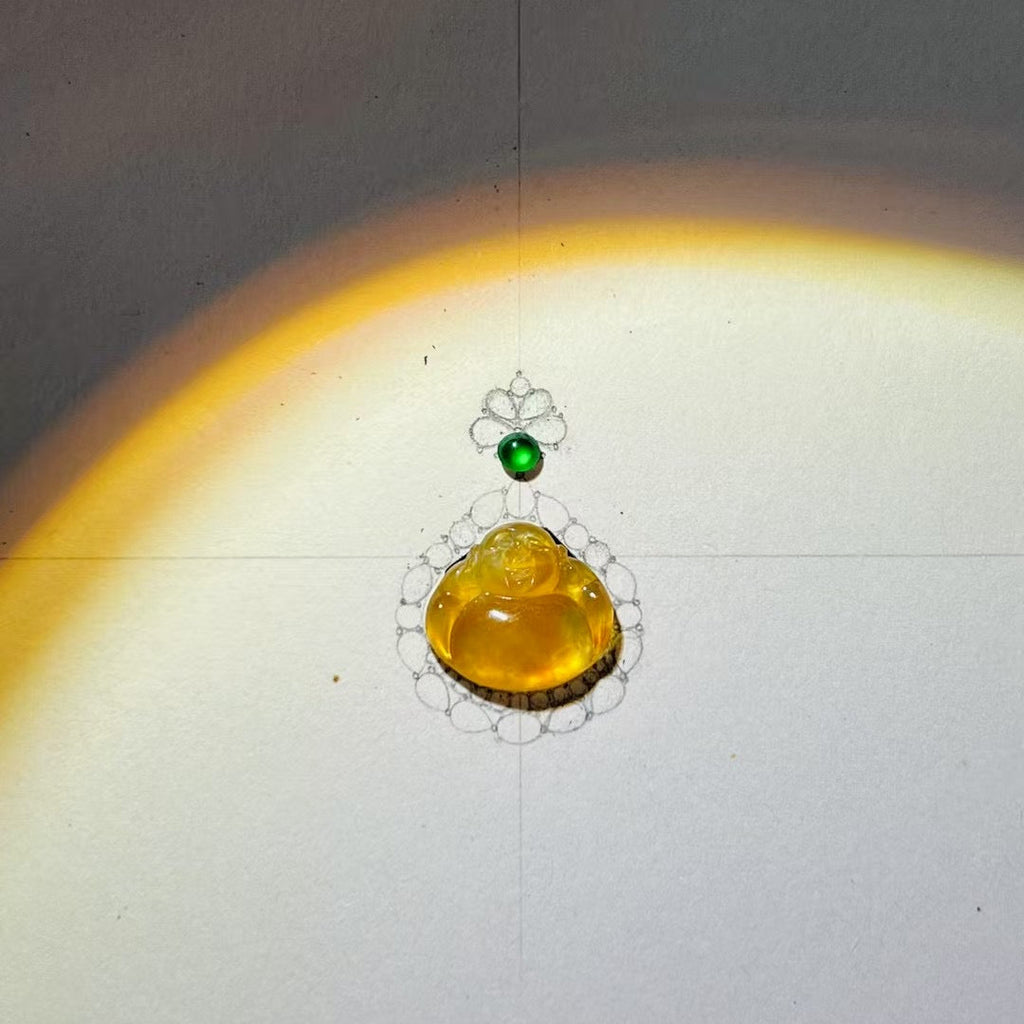 Natural Yellow Jadeite Buddha Pendant – Untreated Glassy Jadeite in 18K Gold with Diamonds