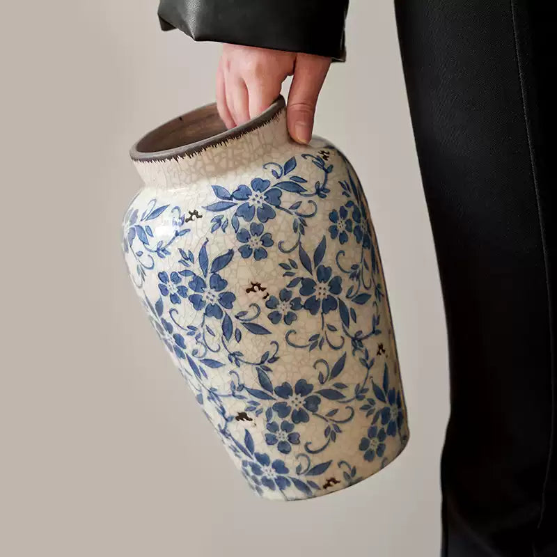 Blue & White Crackle-Glaze Ceramic Vase – Vintage Oriental Floral Decor