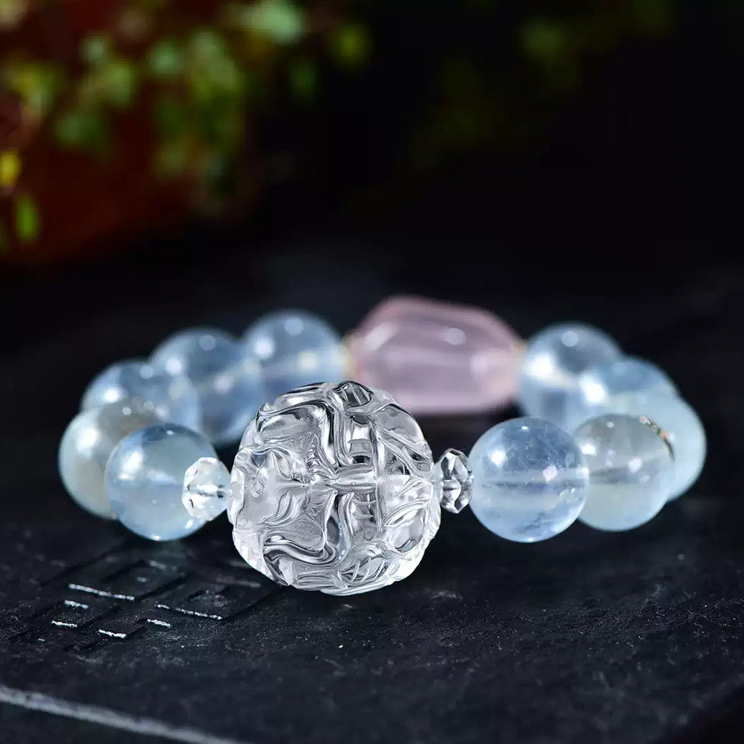 Natural Clear Quartz & Aquamarine Nine-Tailed Fox Bracelet Healing, Clarity & Spiritual Protection Amulet