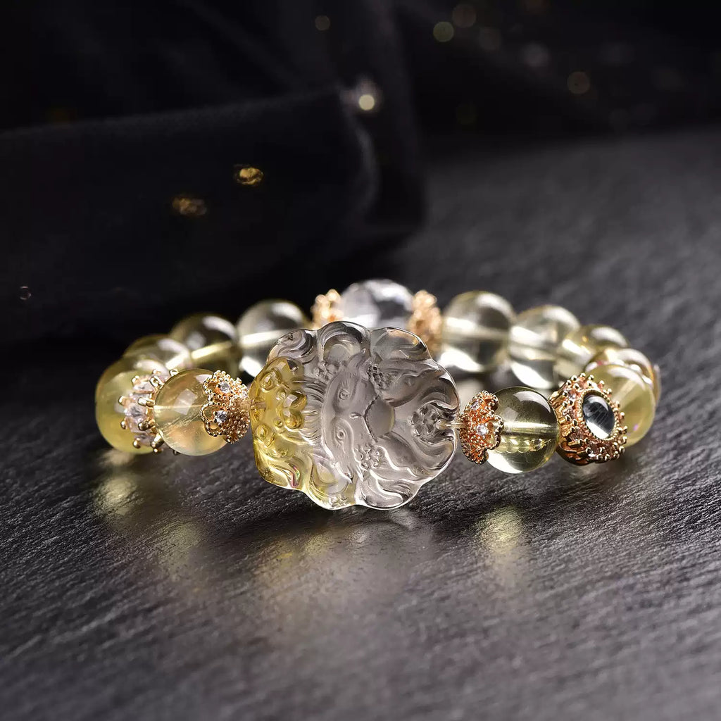 Natural Yellow Fluorite Nine-Tailed Fox Bracelet Handcrafted Crystal Fox Bead Bracelet