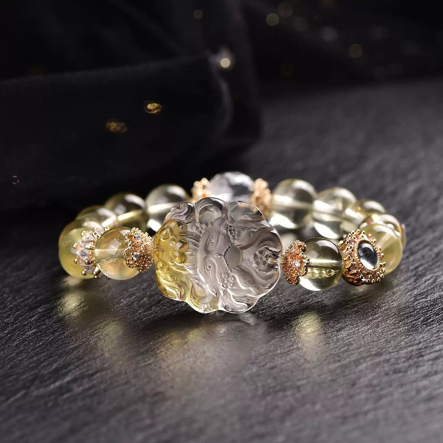 Natural Yellow Fluorite Nine-Tailed Fox Bracelet Handcrafted Crystal Fox Bead Bracelet