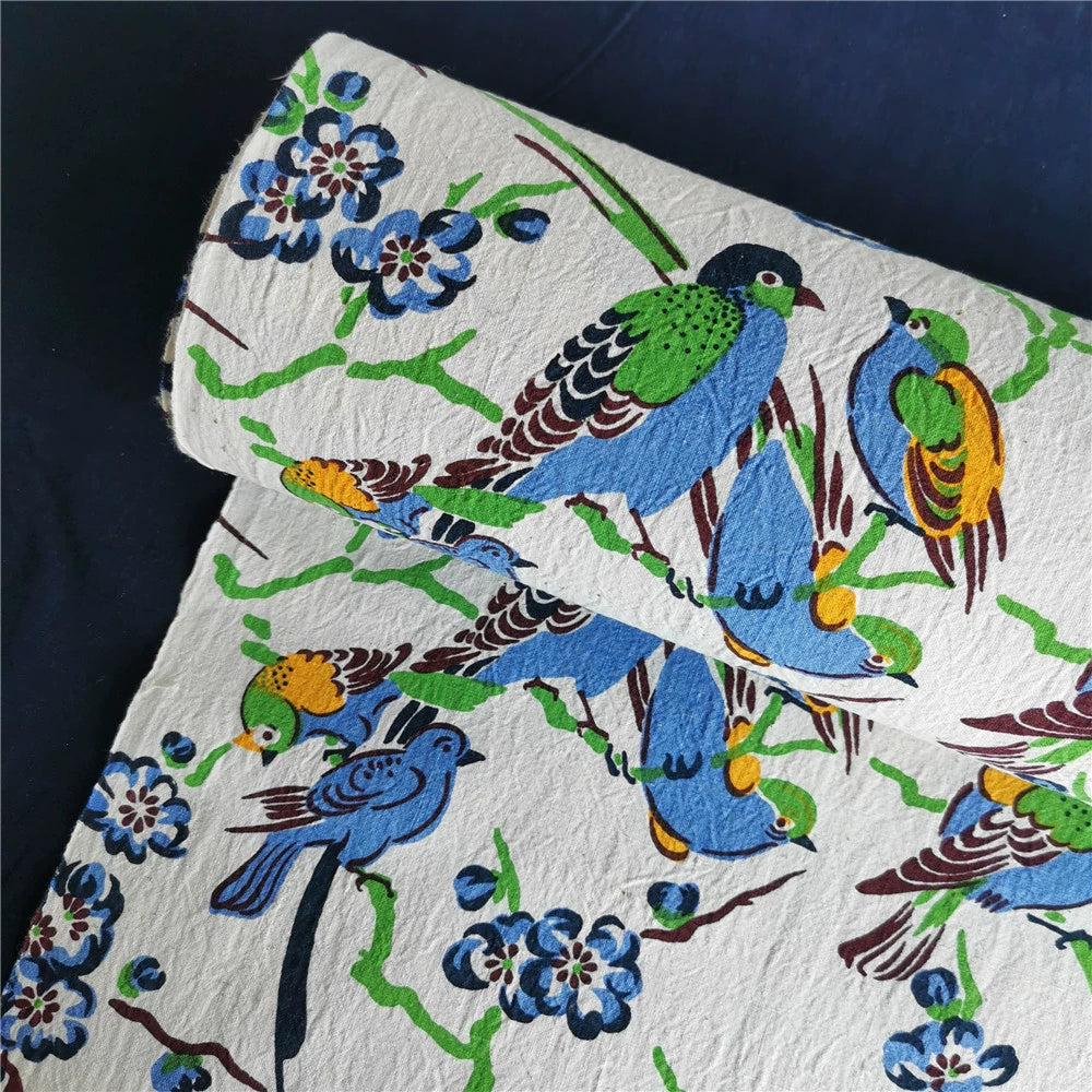 Handwoven Swallow & Magpie Cotton Cloth – Traditional Chongming Folk Print Fabric for Sewing, Patchwork & DIY Crafts