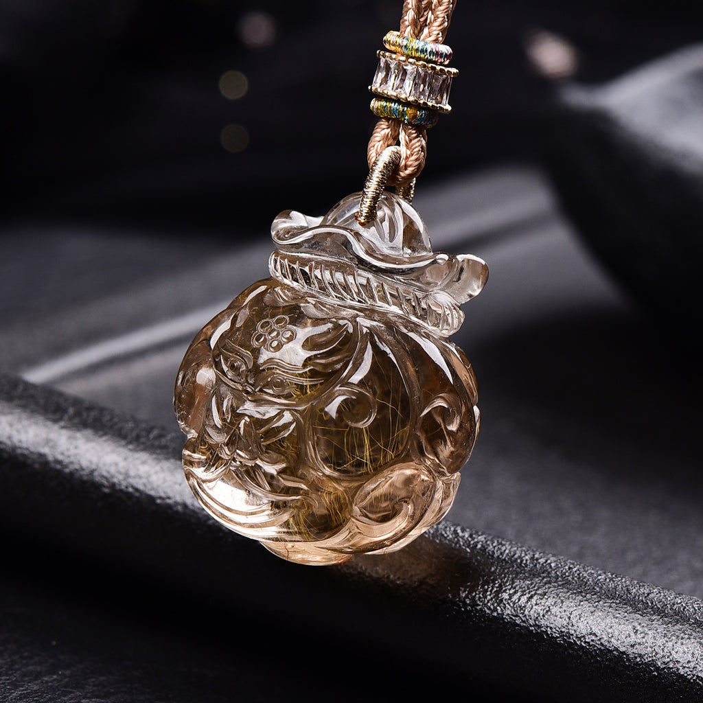 Natural Golden Rutilated Quartz Nine-Tailed Fox Pendant Hand-Carved Smoky Quartz Fox Necklace