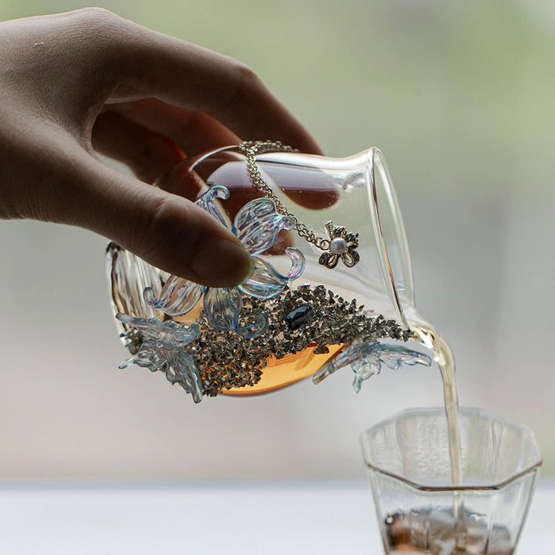 Handmade Flower & Butterfly Glass Fair Cup  Heat-Resistant Borosilicate Tea Pitcher  Crystal Floral Art Tea Sharing Cup
